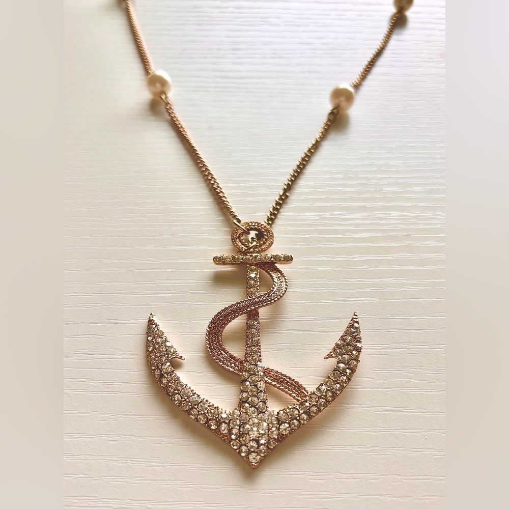 Gold pavé Anchor Pendant Necklace with Faux Ivory Pearls ⚓️